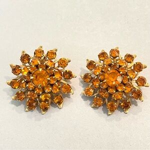 Vintage Judy Lee Orange Rhinestone Clip On Earrings Sun Sunburst Gold Tone